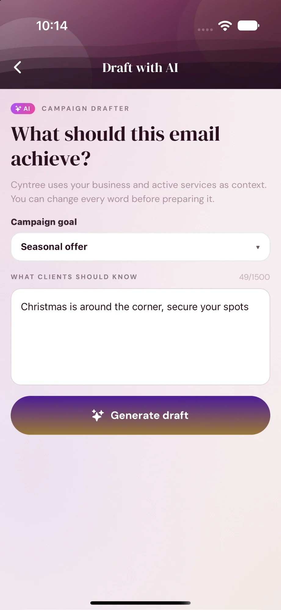 Draft with AI: the campaign goal Seasonal offer and the brief Christmas is around the corner, secure your spots, above a Generate draft button.