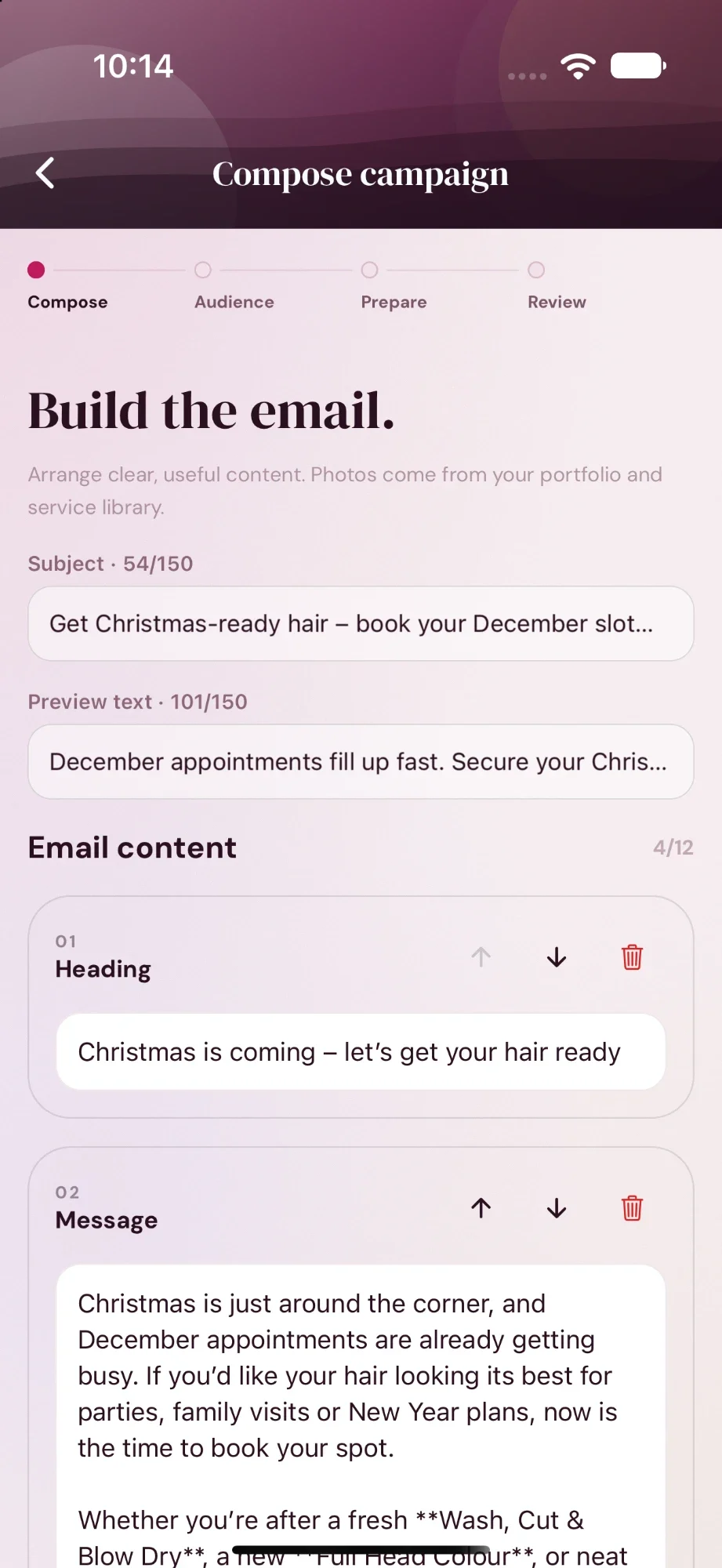 Compose campaign: the drafted subject Get Christmas-ready hair, book your December slot now, preview text, and heading and message blocks that can be reordered.