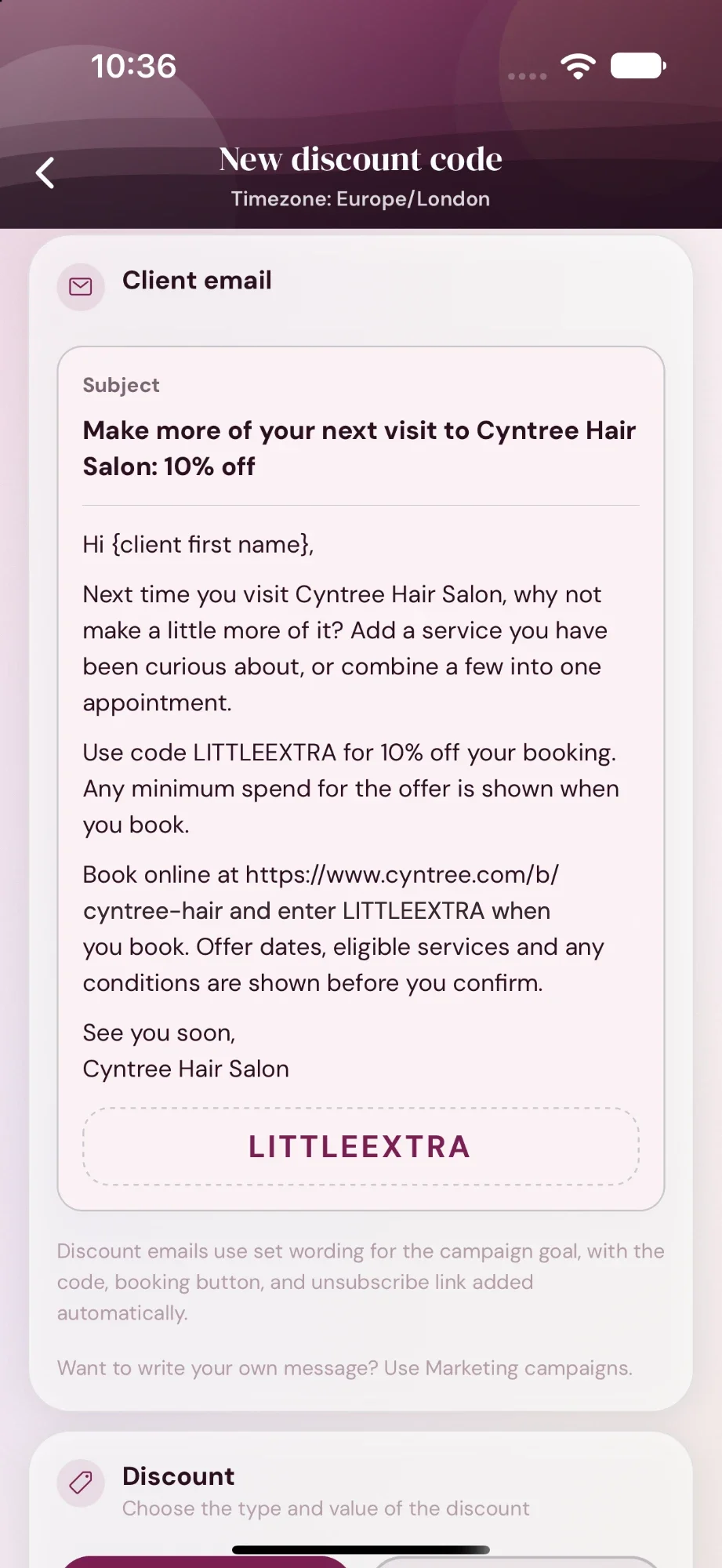 The client email for the offer: Make more of your next visit to Cyntree Hair Salon, 10% off, with the code LITTLEEXTRA and how to use it when booking online.