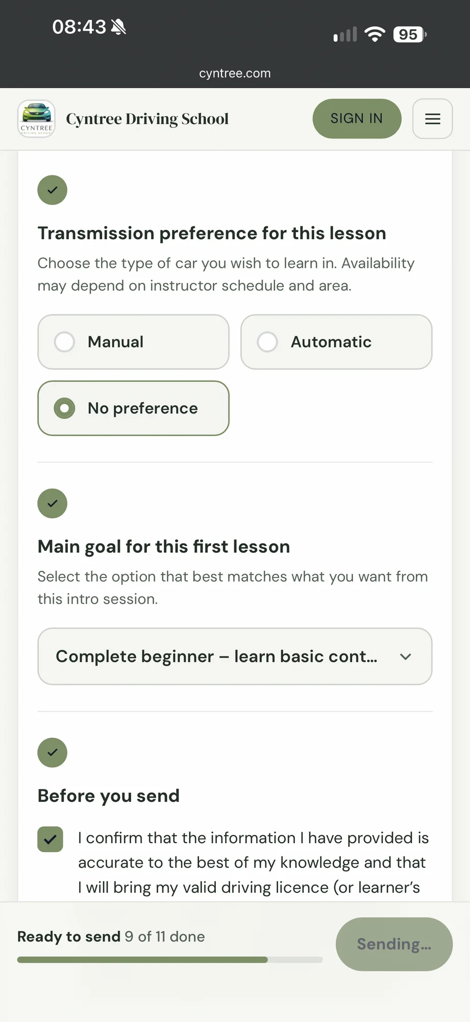 The client's view of the form on the web: transmission preference, their main goal for the lesson and a confirmation statement, with a progress bar showing 9 of 11 done.