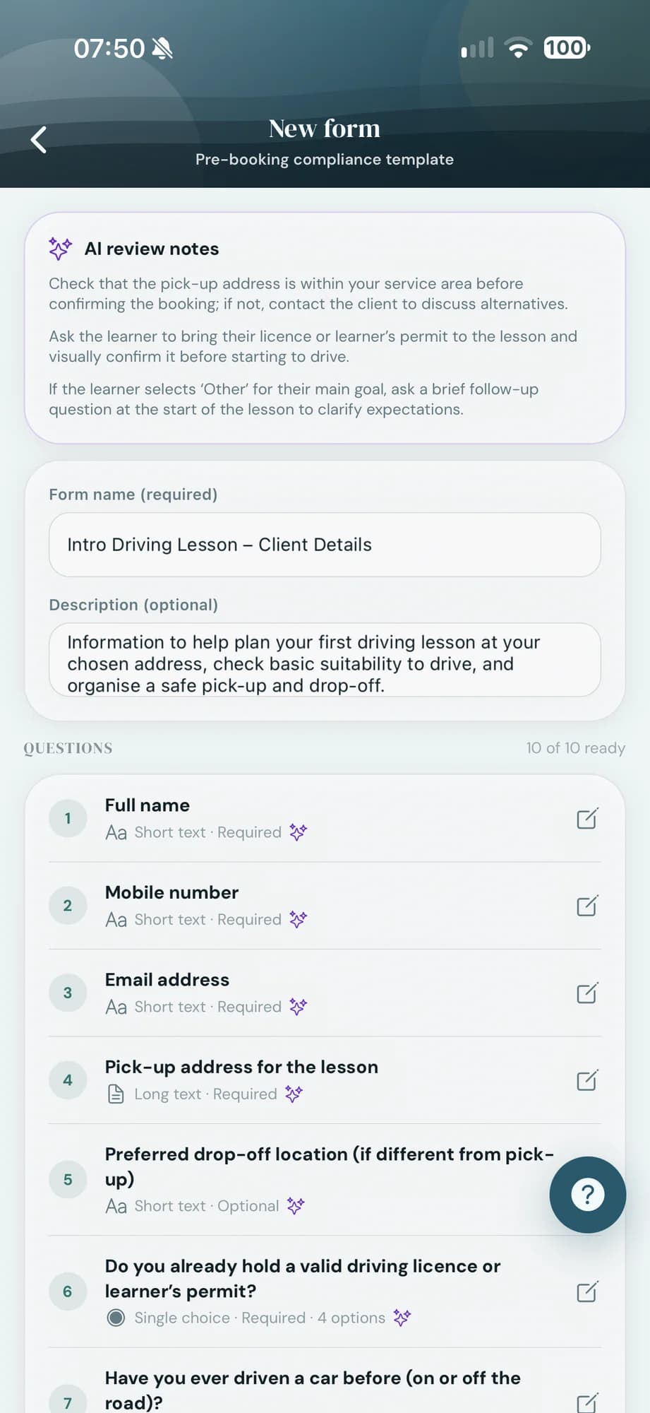 A generated pre-booking form with AI review notes at the top and ten questions: full name, mobile number, email, pick-up address, drop-off location and driving experience.