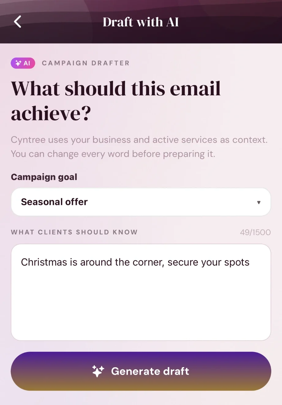 Draft with AI: a Seasonal offer campaign, Christmas is around the corner, secure your spots, above a Generate draft button.
