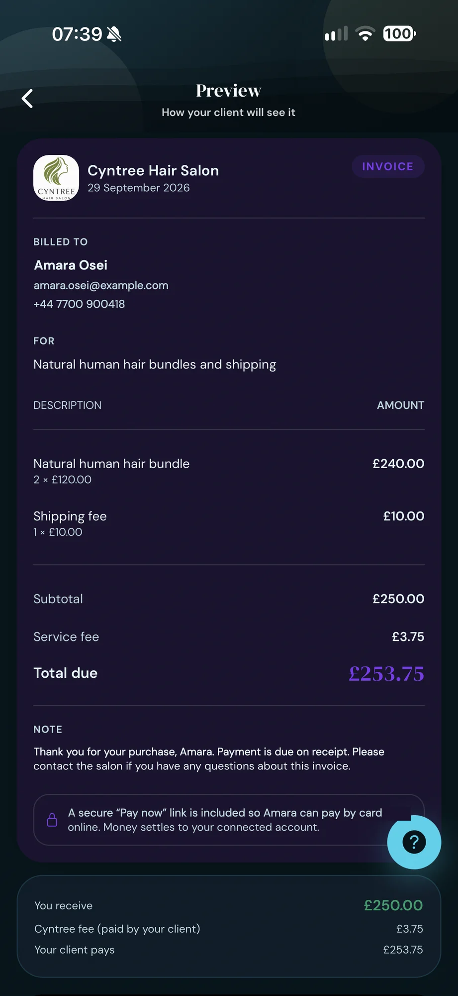 The client's view of the drafted invoice: billed to Amara Osei for natural human hair bundles and shipping, 2 bundles at £120 plus £10 shipping, £253.75 due including the service fee.