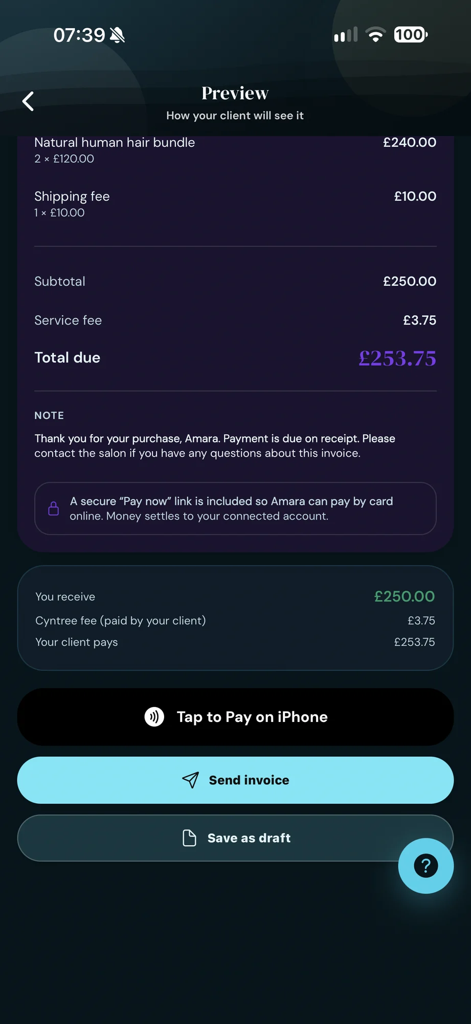 The invoice ready to go, with a secure Pay now link, what you receive, and buttons for Tap to Pay on iPhone, Send invoice and Save as draft.