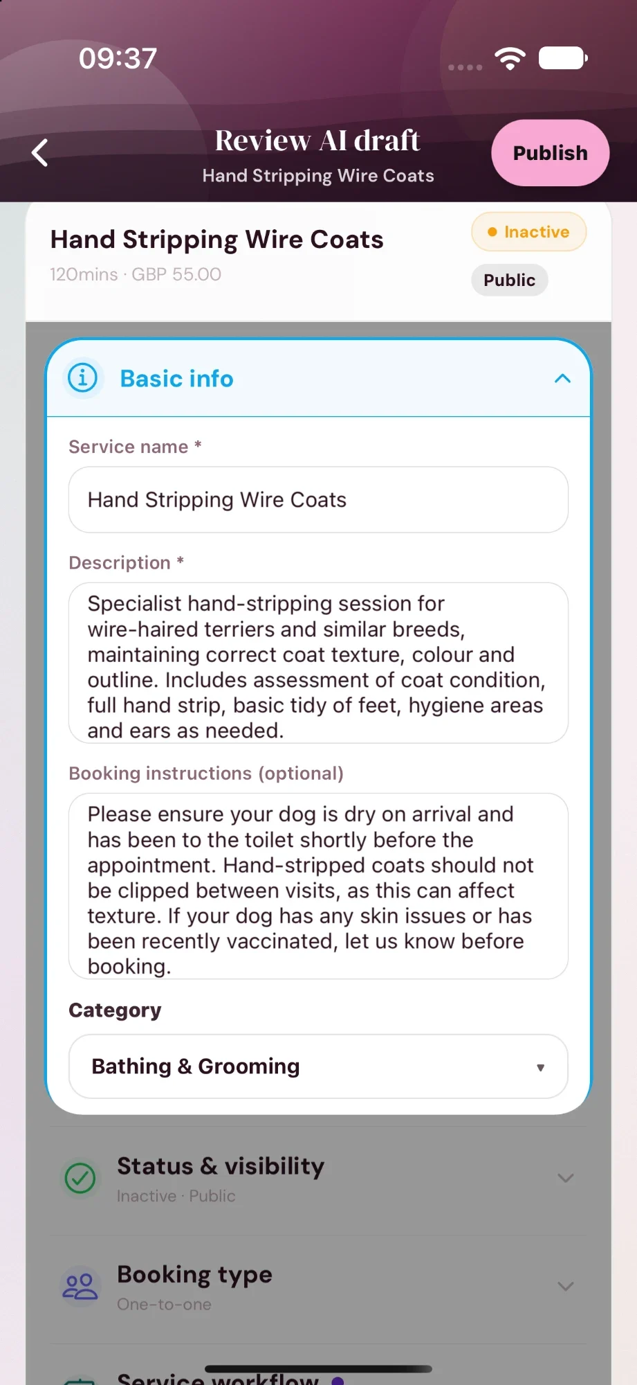 The drafted service, Hand Stripping Wire Coats, 120 minutes at £55: a full description of the hand-stripping session, booking instructions about arriving dry and not clipping between visits, and the Bathing and Grooming category.