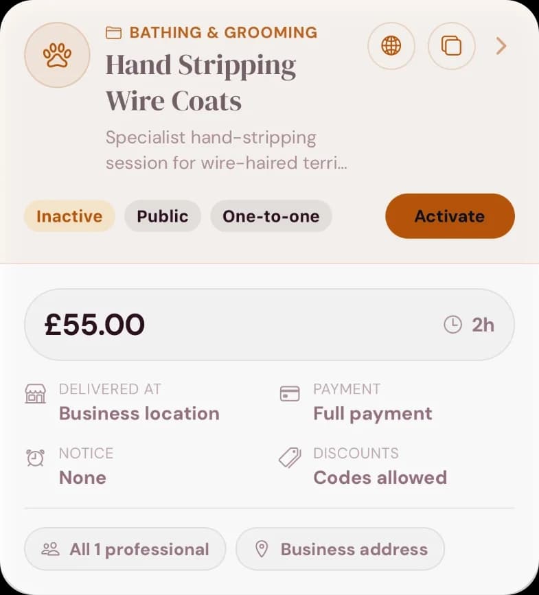The new service in the services list, marked Inactive with an Activate button: Hand Stripping Wire Coats, £55, 2 hours, at the business location.
