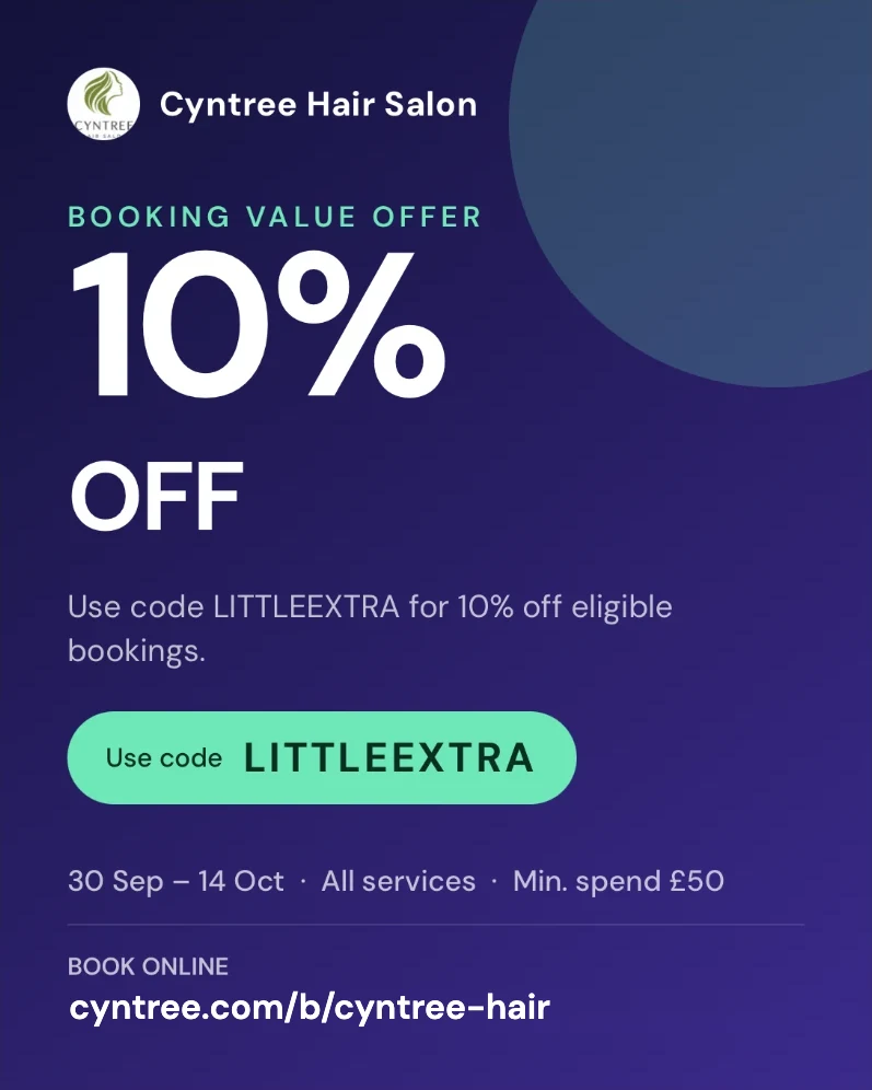 Bold share card in Midnight: 10% OFF in large type, the code LITTLEEXTRA, the dates and minimum spend, and the booking link.