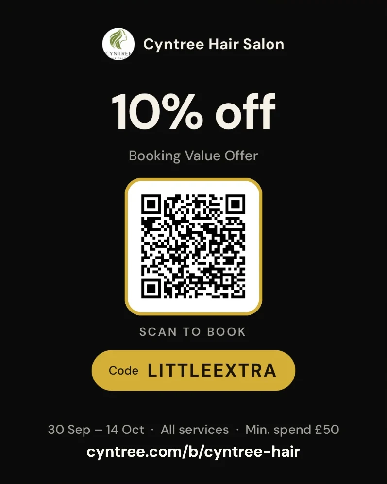 QR poster share card in Noir: 10% off, a scan-to-book QR code, the code LITTLEEXTRA and the booking link.