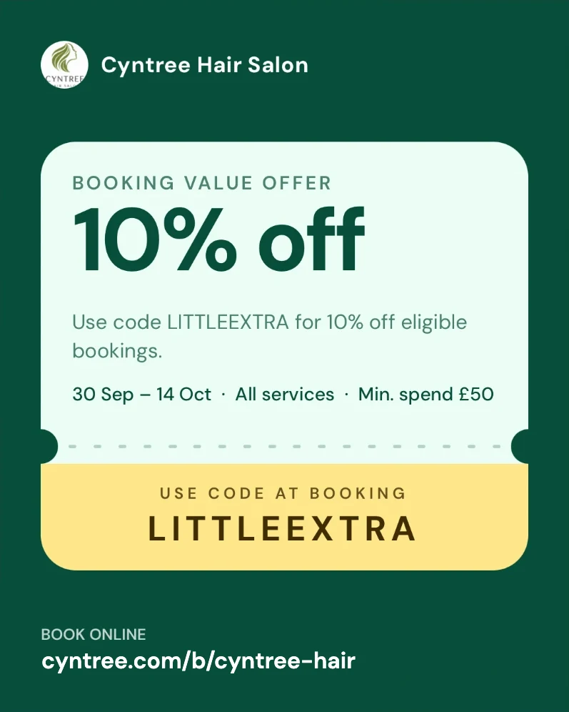 Ticket share card in Emerald: a tear-off ticket reading 10% off, use code at booking, LITTLEEXTRA.