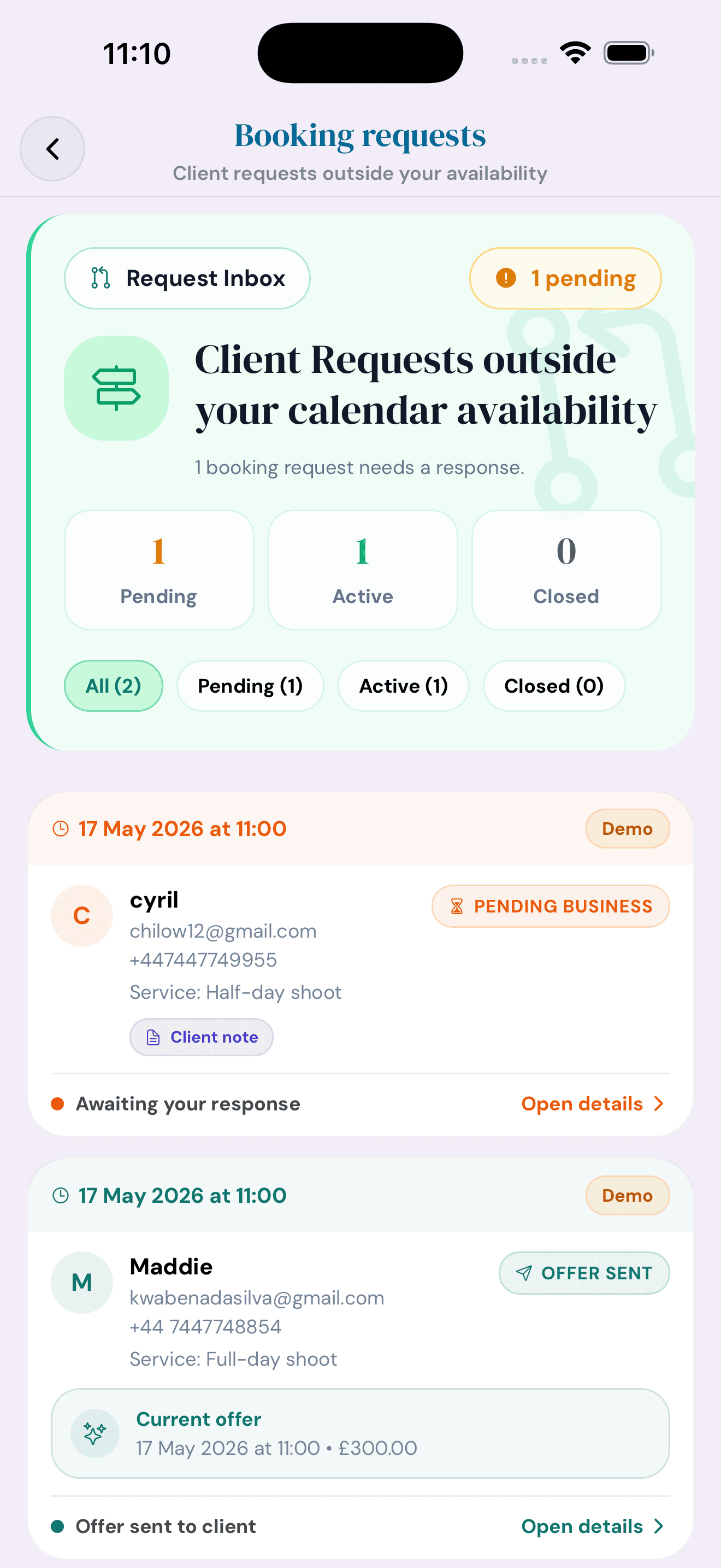 Cyntree booking requests inbox showing pending, active and closed requests with cards for each client