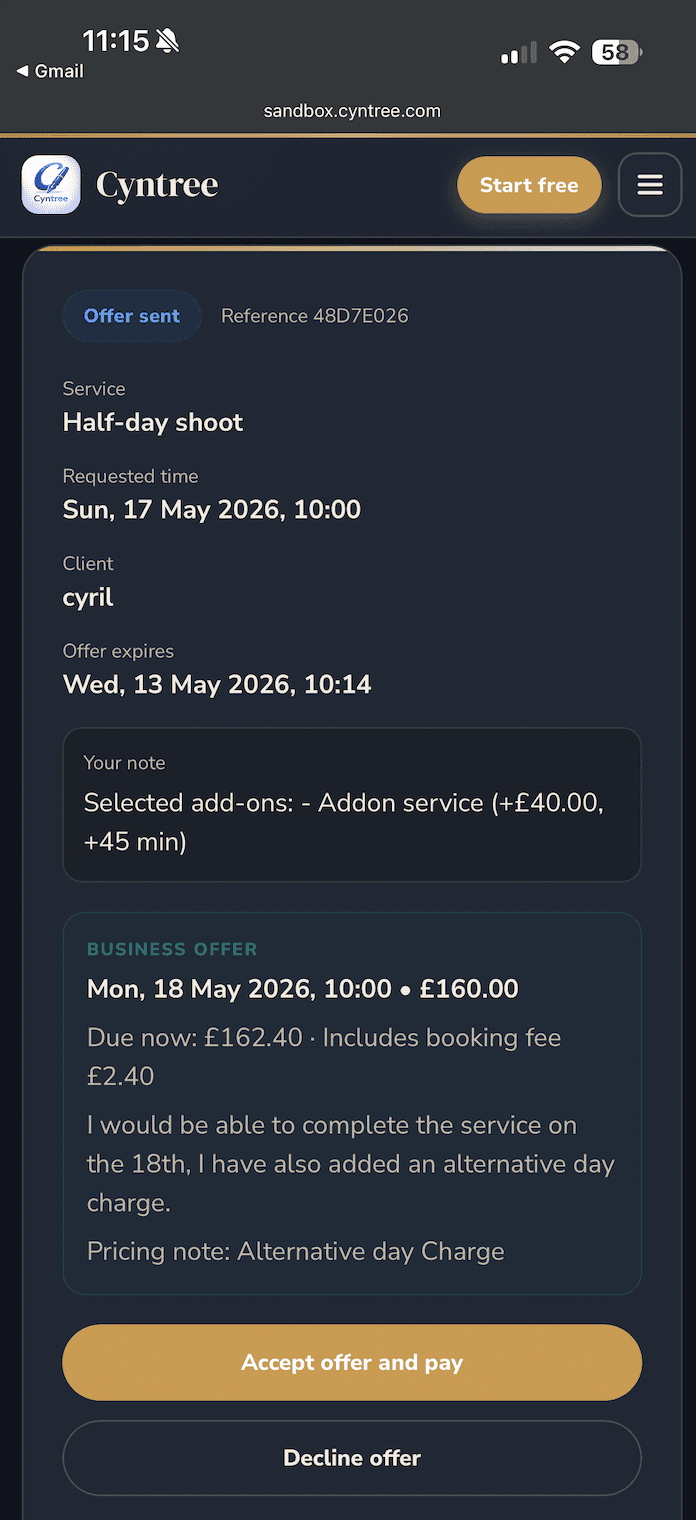 Client-facing offer page on cyntree.com showing the business offer with Accept offer and pay or Decline offer buttons