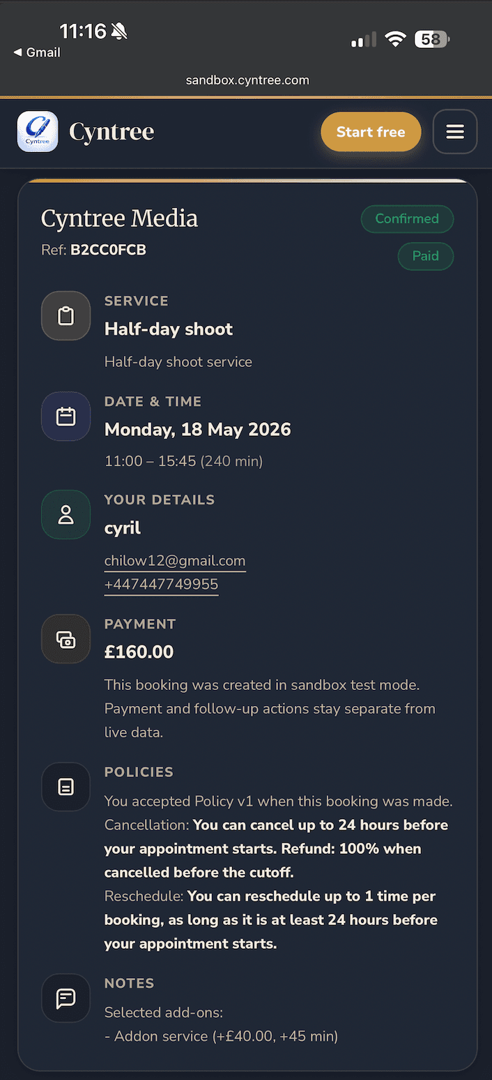 Confirmed booking detail showing service, date, payment, policies and notes after the client accepts