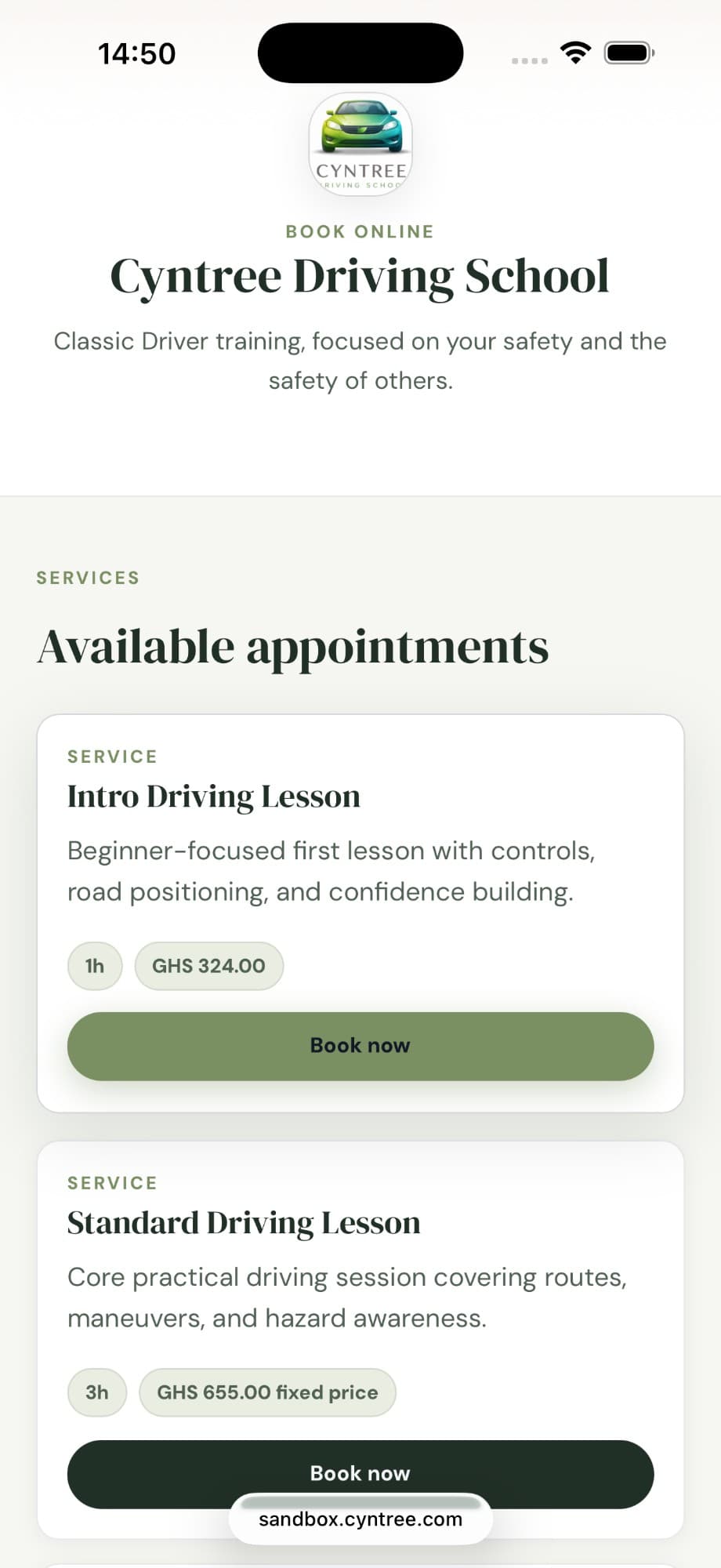 A Cyntree booking page set up for a driving school.