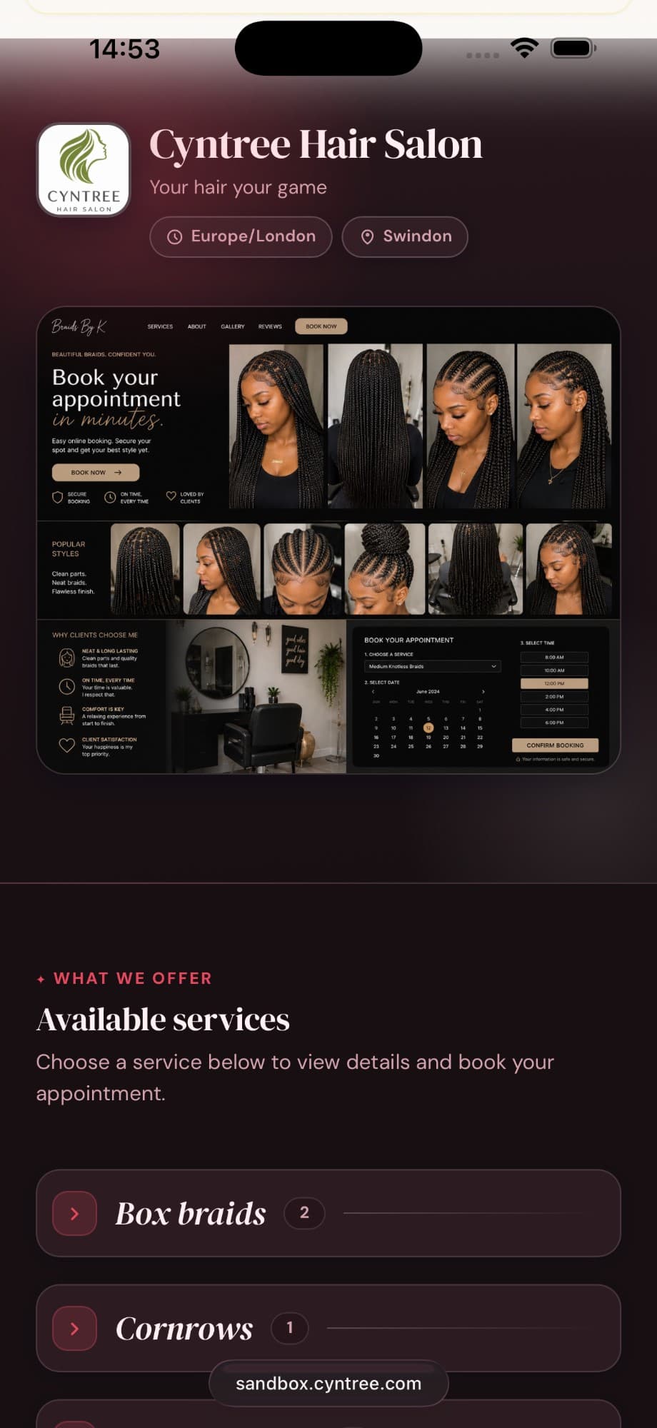 A Cyntree booking page set up for a hair salon.