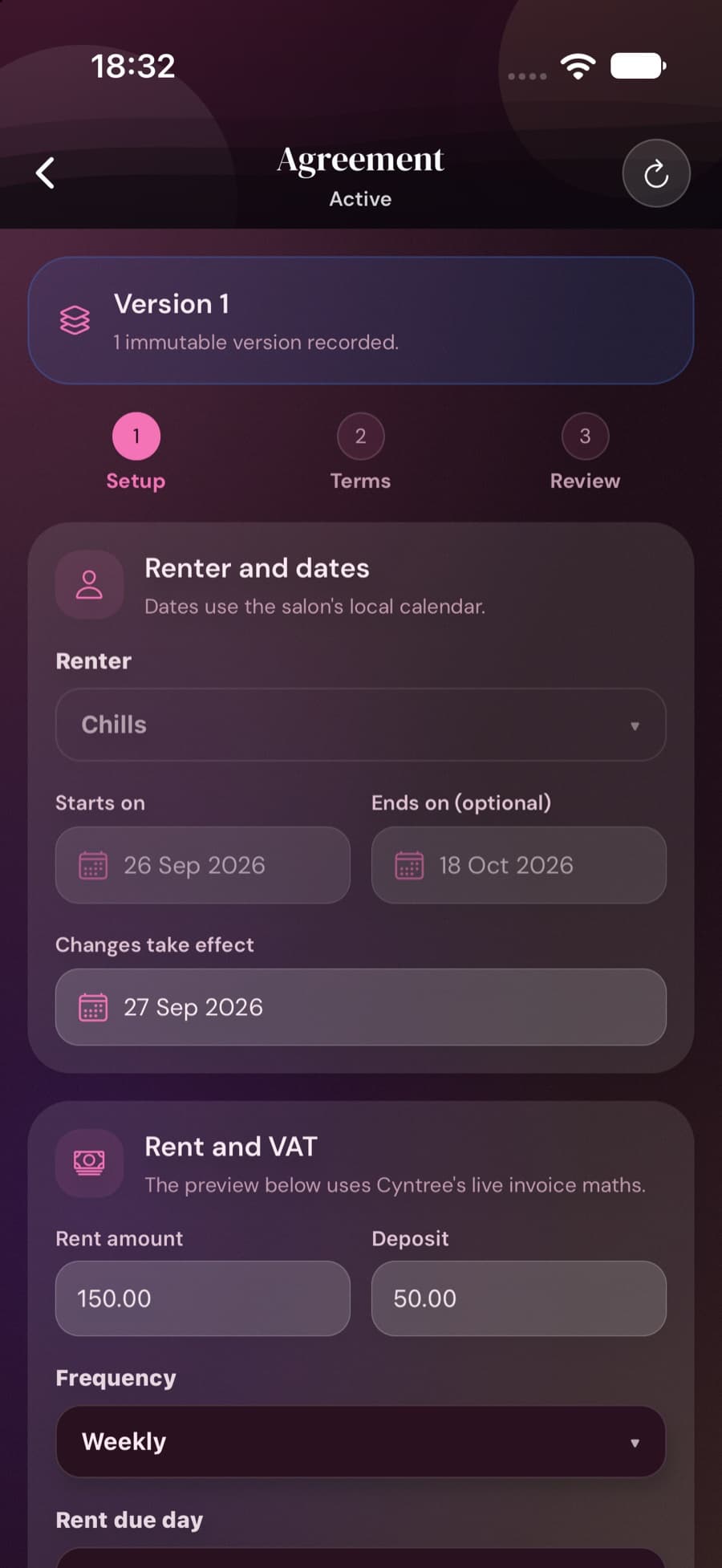 A Cyntree chair rental agreement at version 1, with renter, start and end dates, rent amount, deposit and weekly frequency.