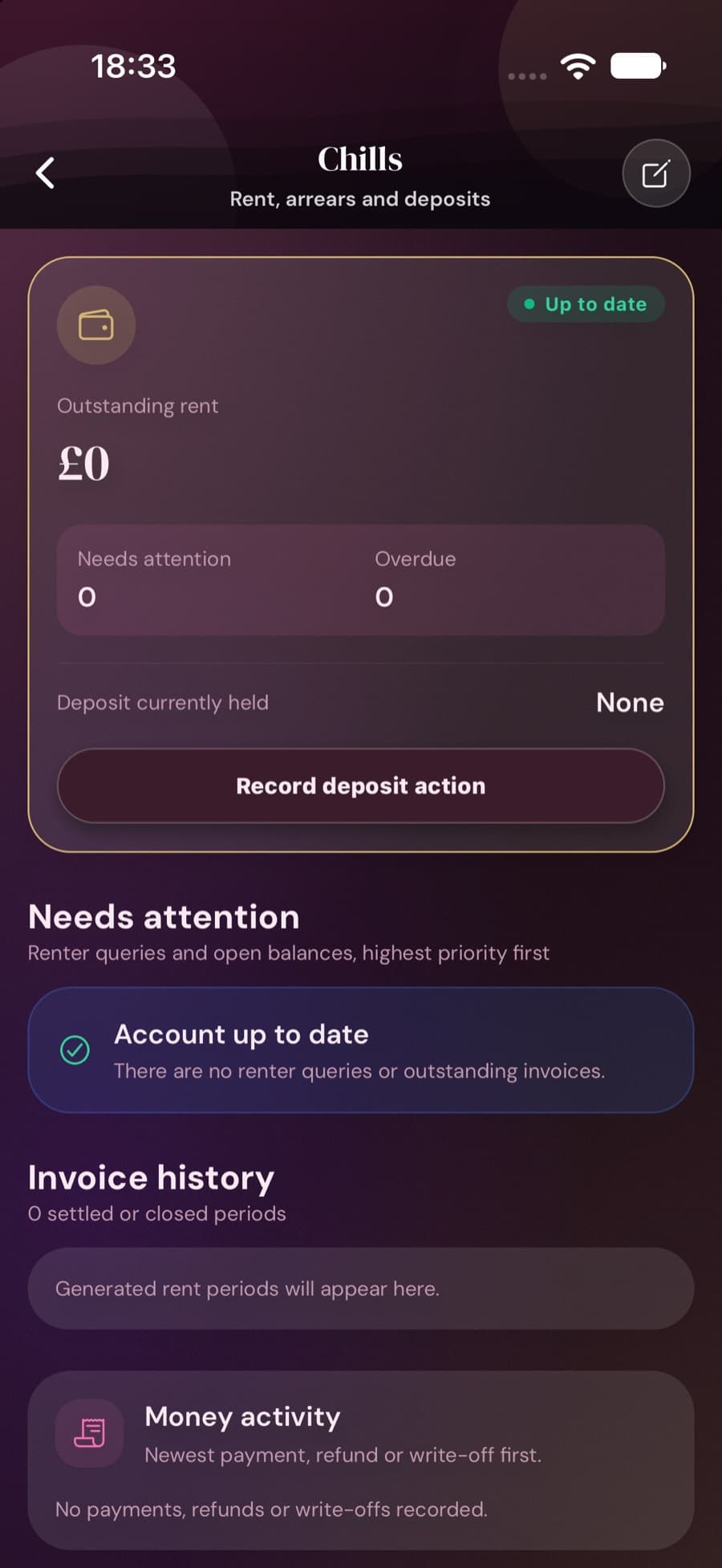 A renter's rent account in Cyntree showing outstanding rent, items needing attention, overdue count, deposit held, invoice history and money activity.