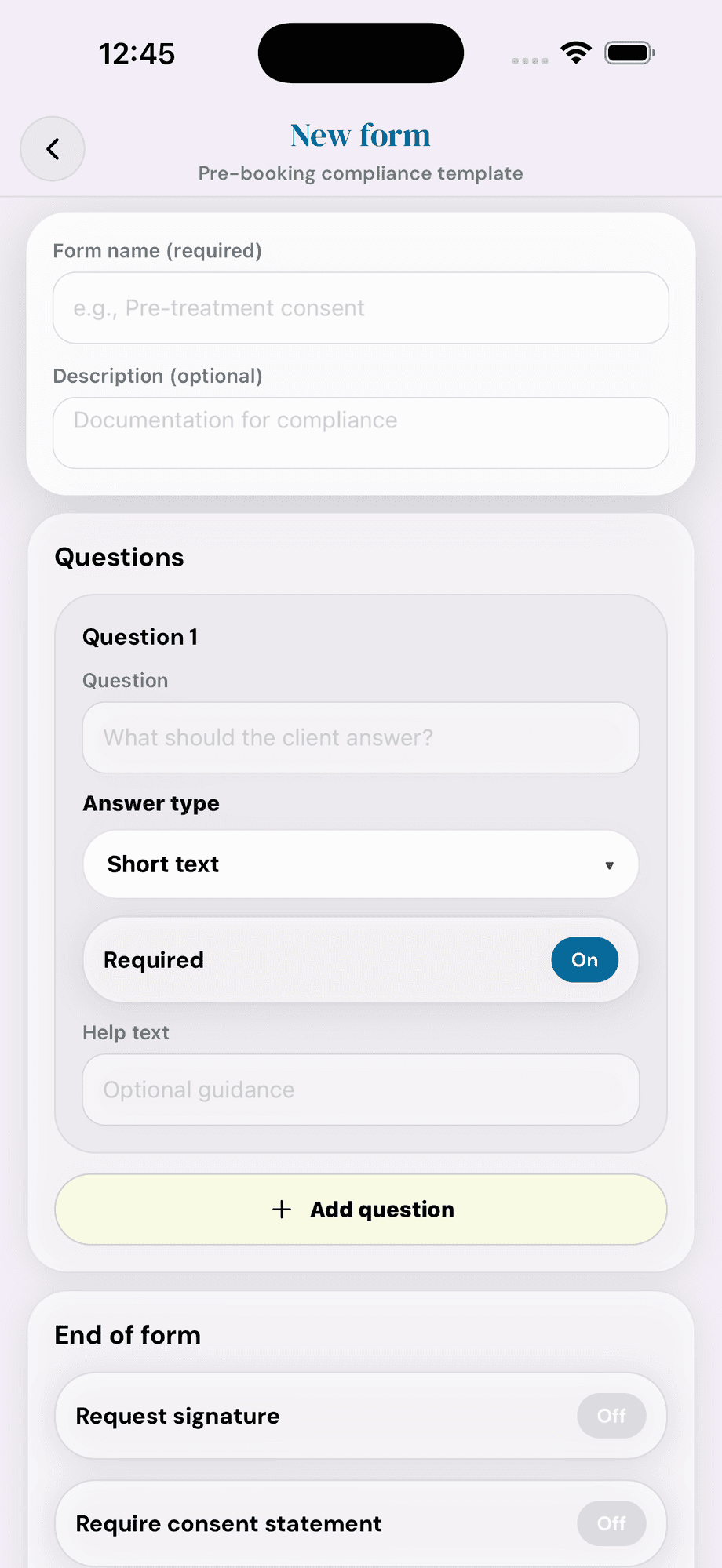 Cyntree New form editor for a pre-booking compliance template with required question, signature toggle, and consent statement.