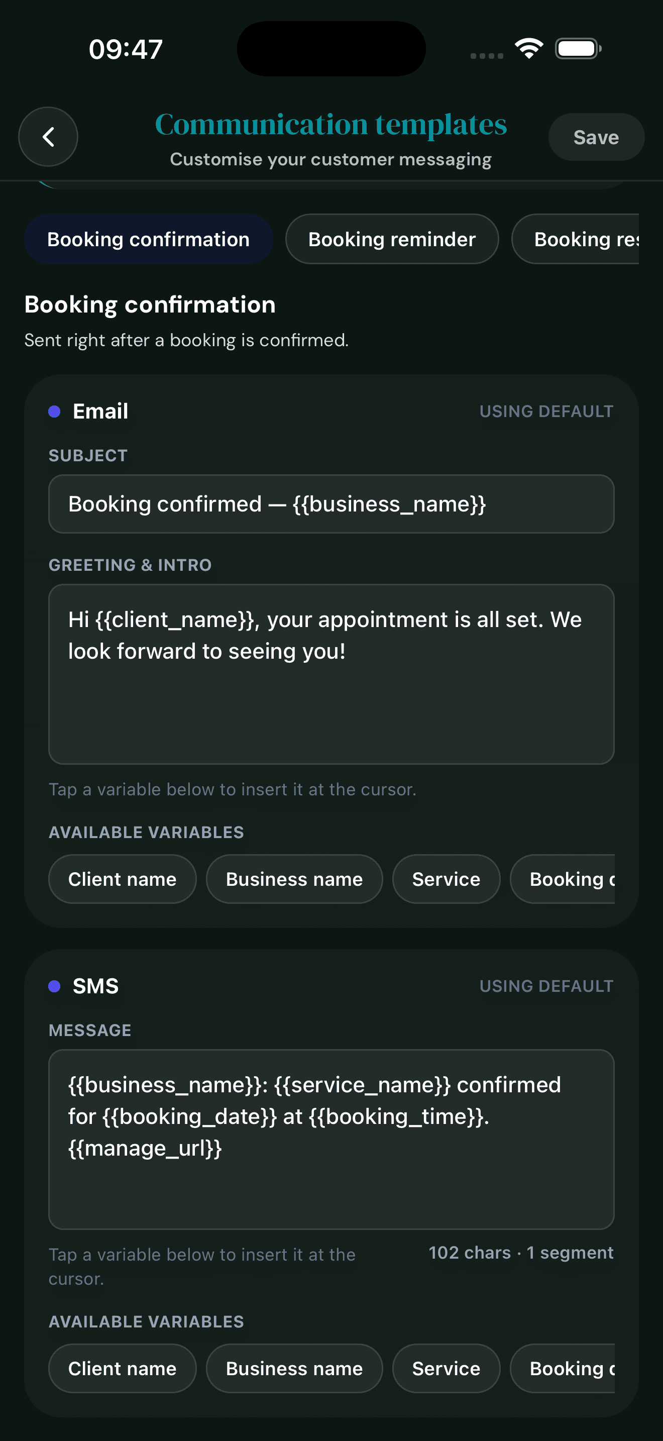 Cyntree Booking confirmation template editor showing the email subject, greeting body, available variables, and SMS message with character count, marked as Using default