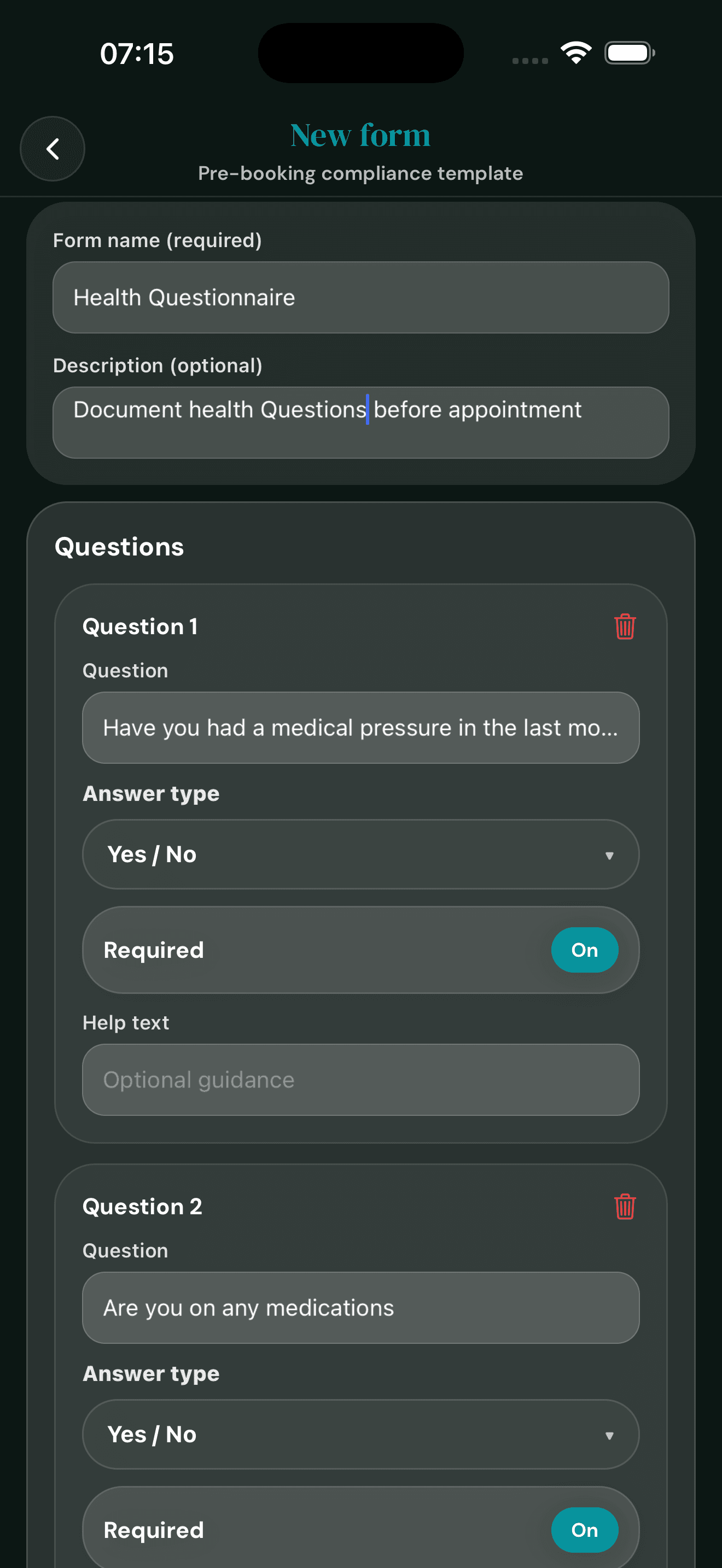 Cyntree new form editor titled Pre-booking compliance template with form name, description, question editor, Yes/No answer type, required toggle and help text