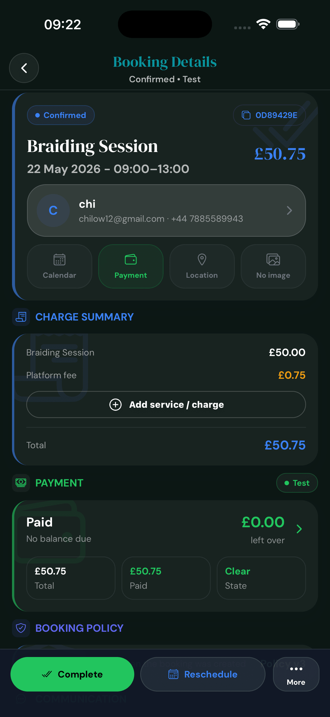 Cyntree individual attendee booking details for chi showing confirmed status, charge summary with £50 service price plus £0.75 platform fee, payment cleared, and booking policy section