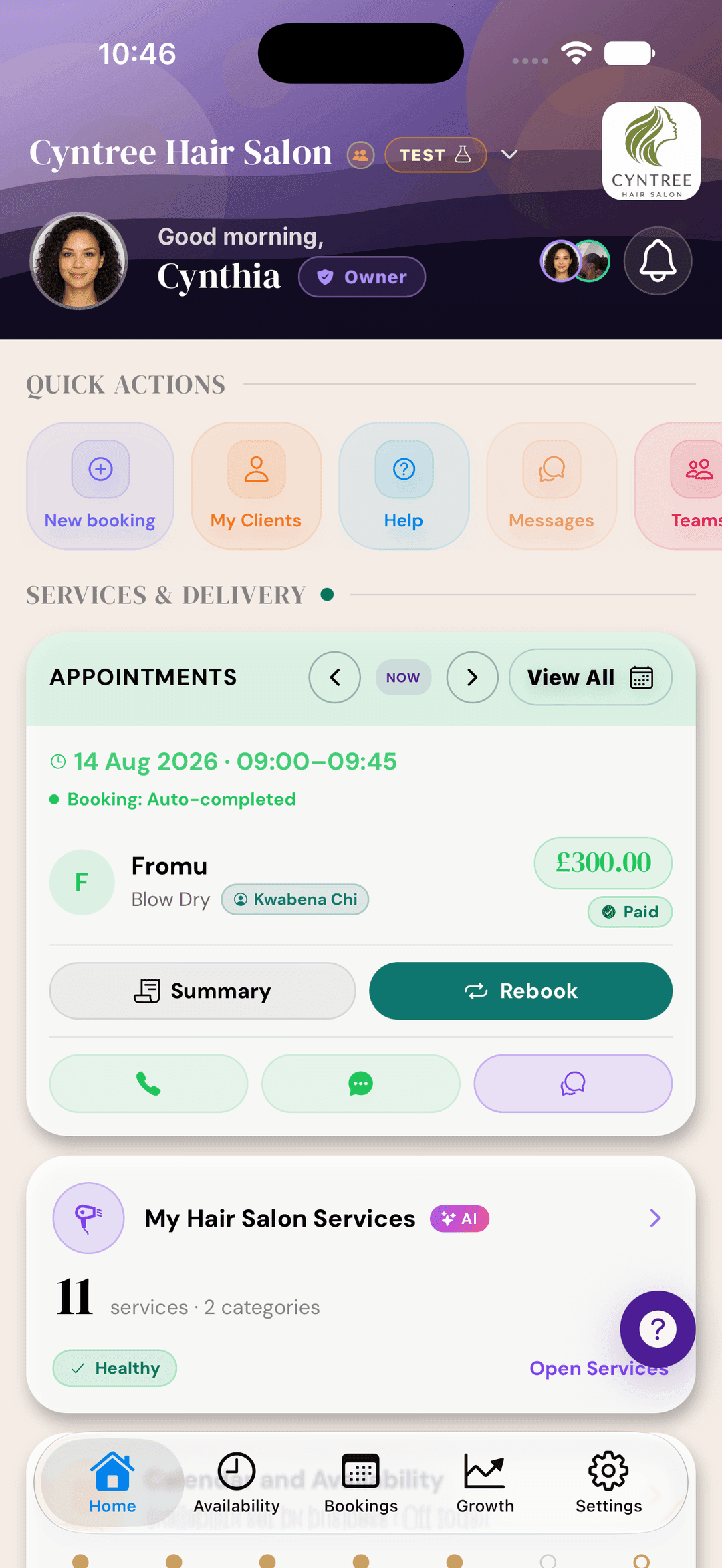 Cyntree app home dashboard showing quick actions, next appointment, services, and calendar.