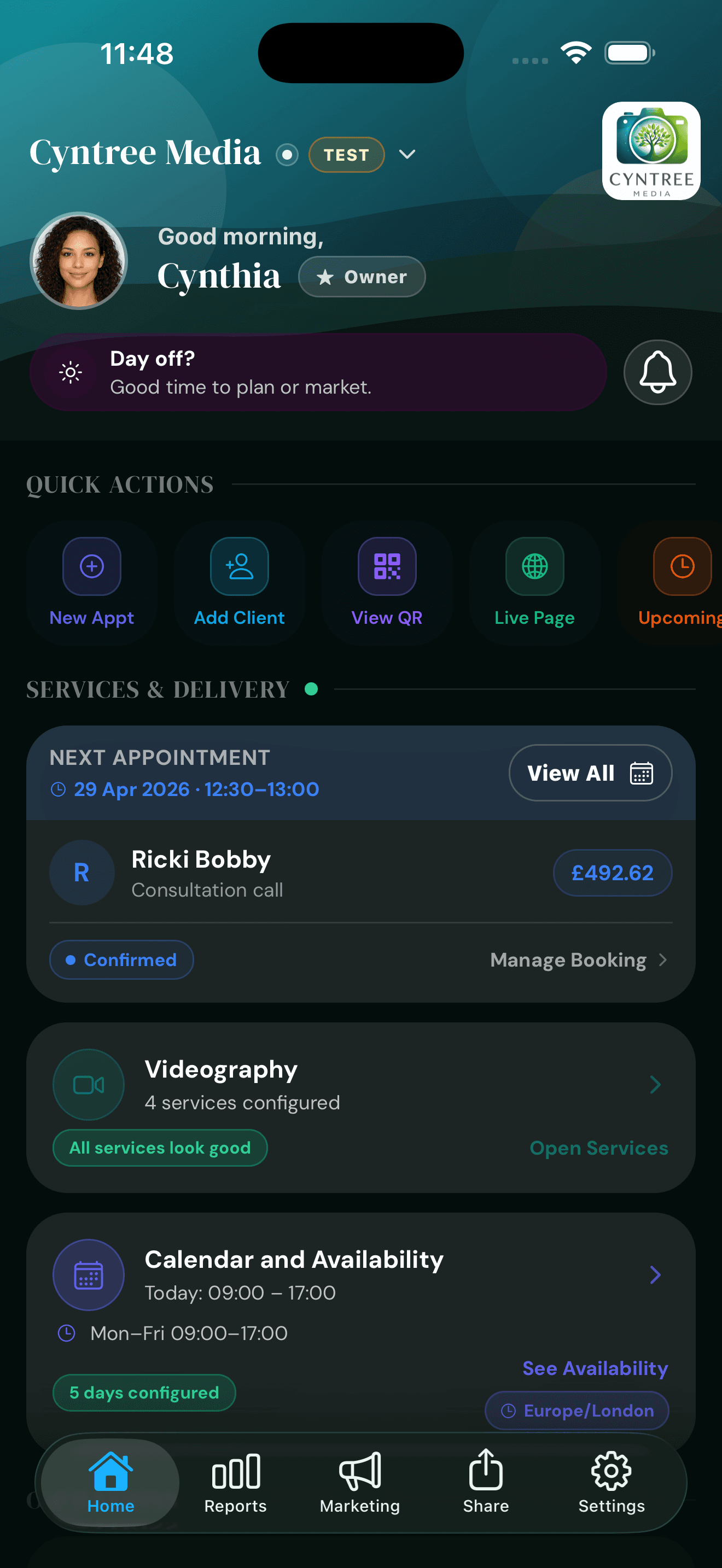 Cyntree app home dashboard showing quick actions, next appointment, services, and calendar.