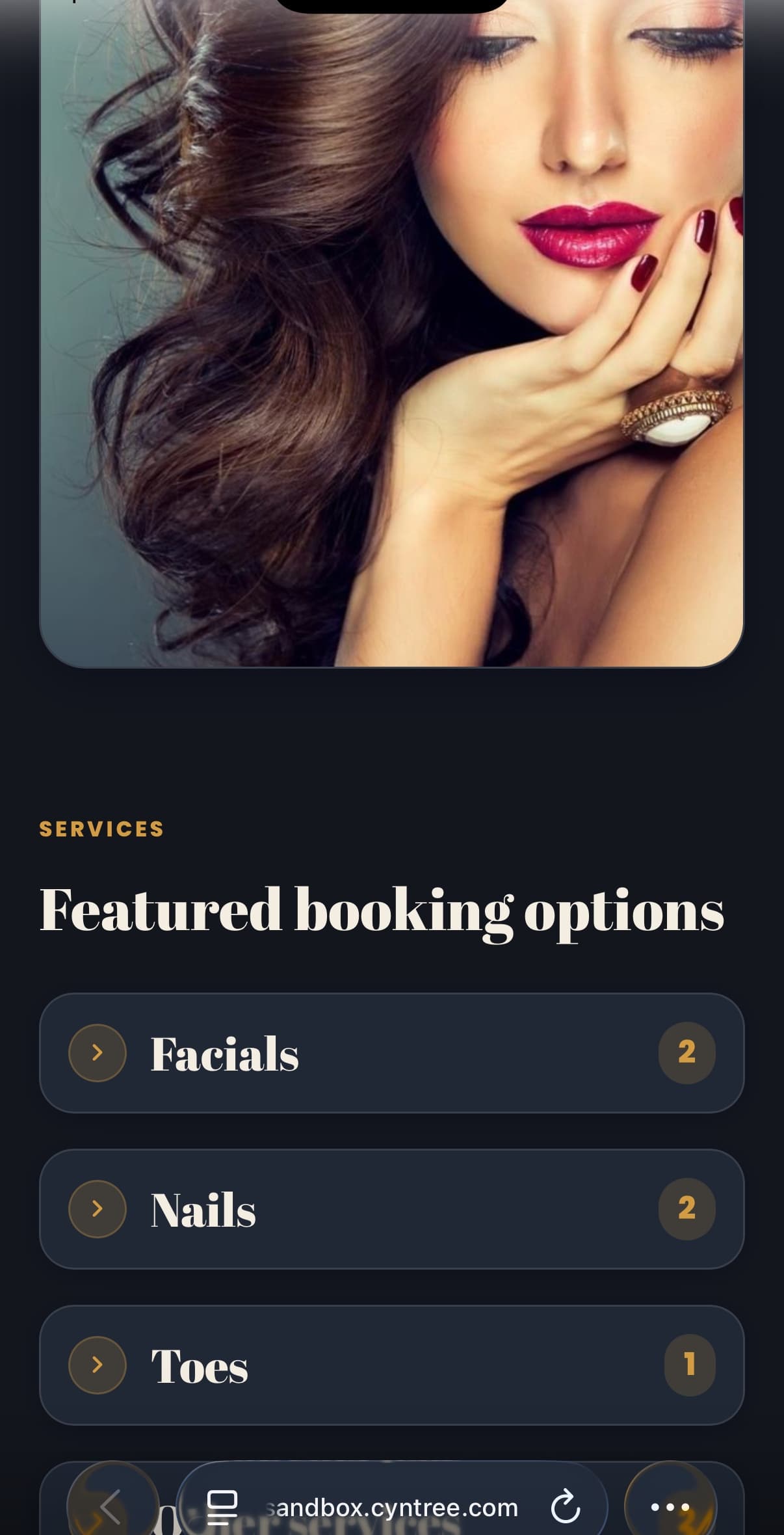 Cyntree client booking website showing service categories including Facials, Nails, and Toes