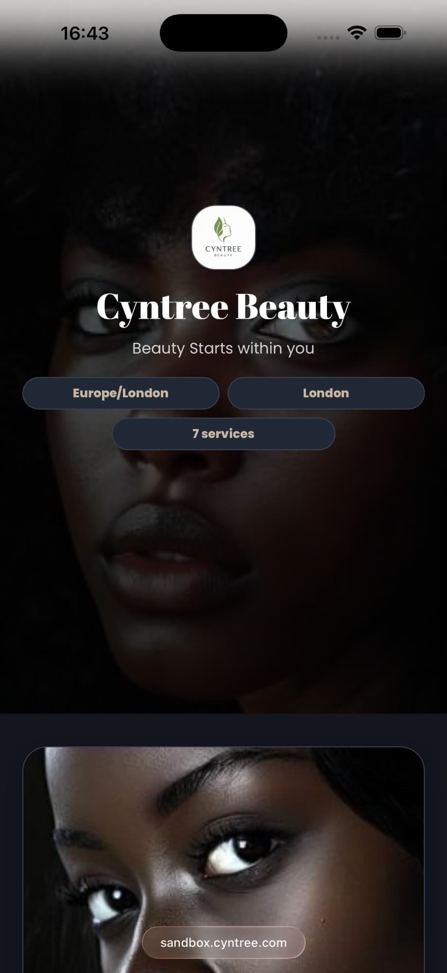 A live Cyntree booking page for a beauty business.