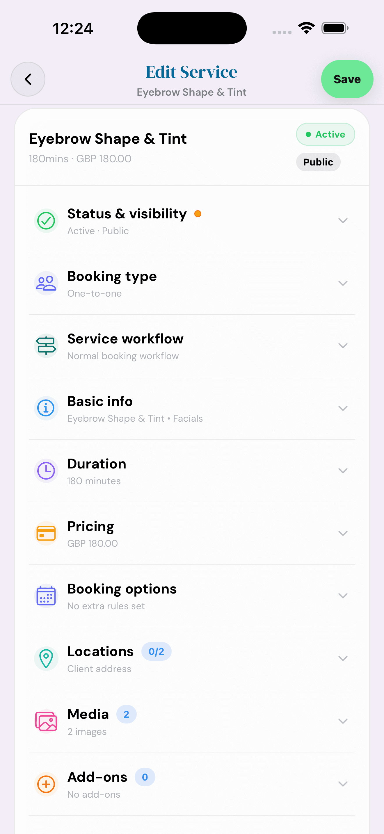 Cyntree service editor screen showing fields for service name, duration, price, and description