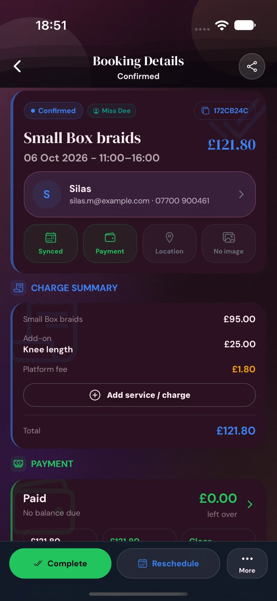 Cyntree Booking Details for a confirmed Small Box braids appointment with Miss Dee, £121.80, showing the charge summary and a Paid, no balance due payment card.