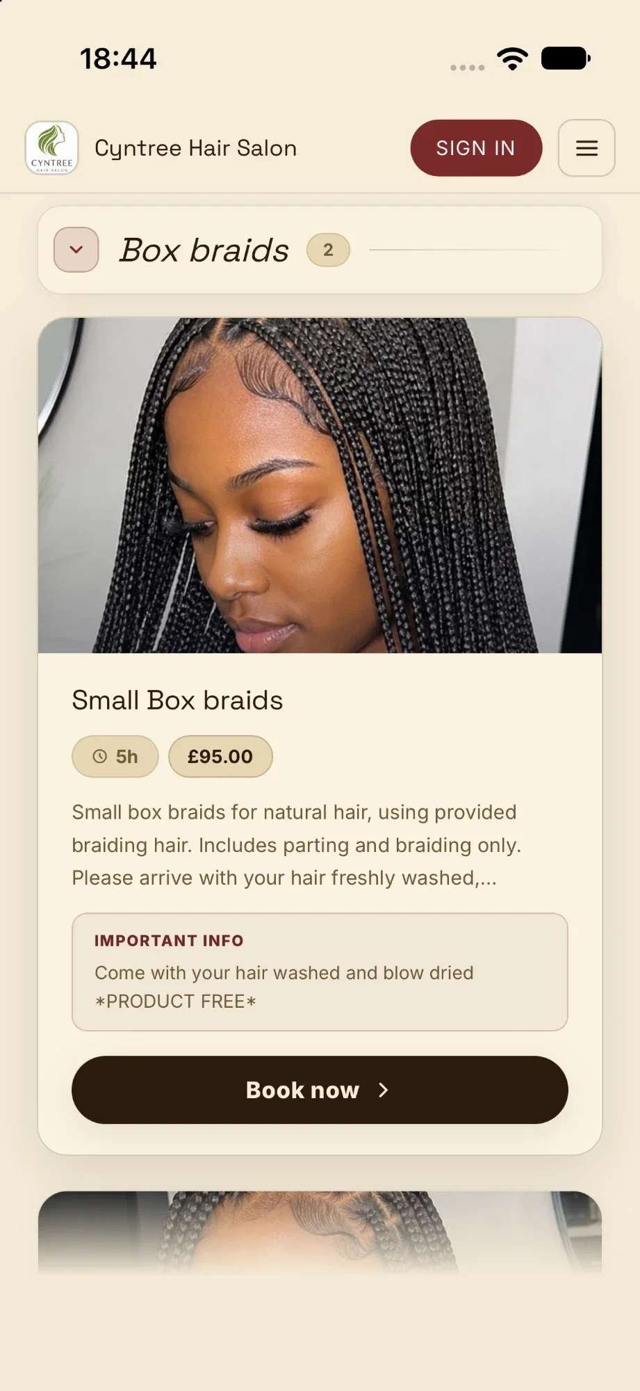 Cyntree Hair Salon booking page showing the Small Box braids card with photo, 5 hours, £95.00, important info and a Book now button.