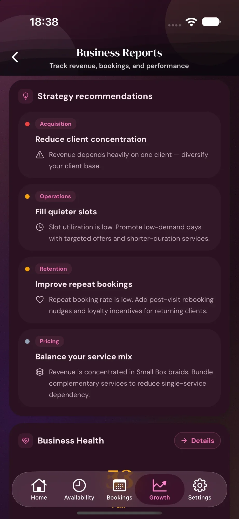 Cyntree strategy recommendations: reduce client concentration, fill quieter slots, improve repeat bookings and balance your service mix.