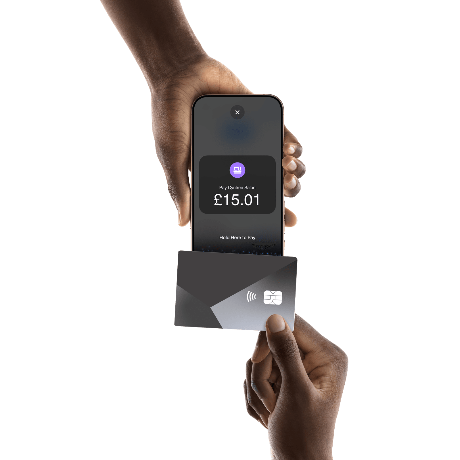 A client taps a contactless card to an iPhone running Cyntree to pay with Tap to Pay on iPhone.