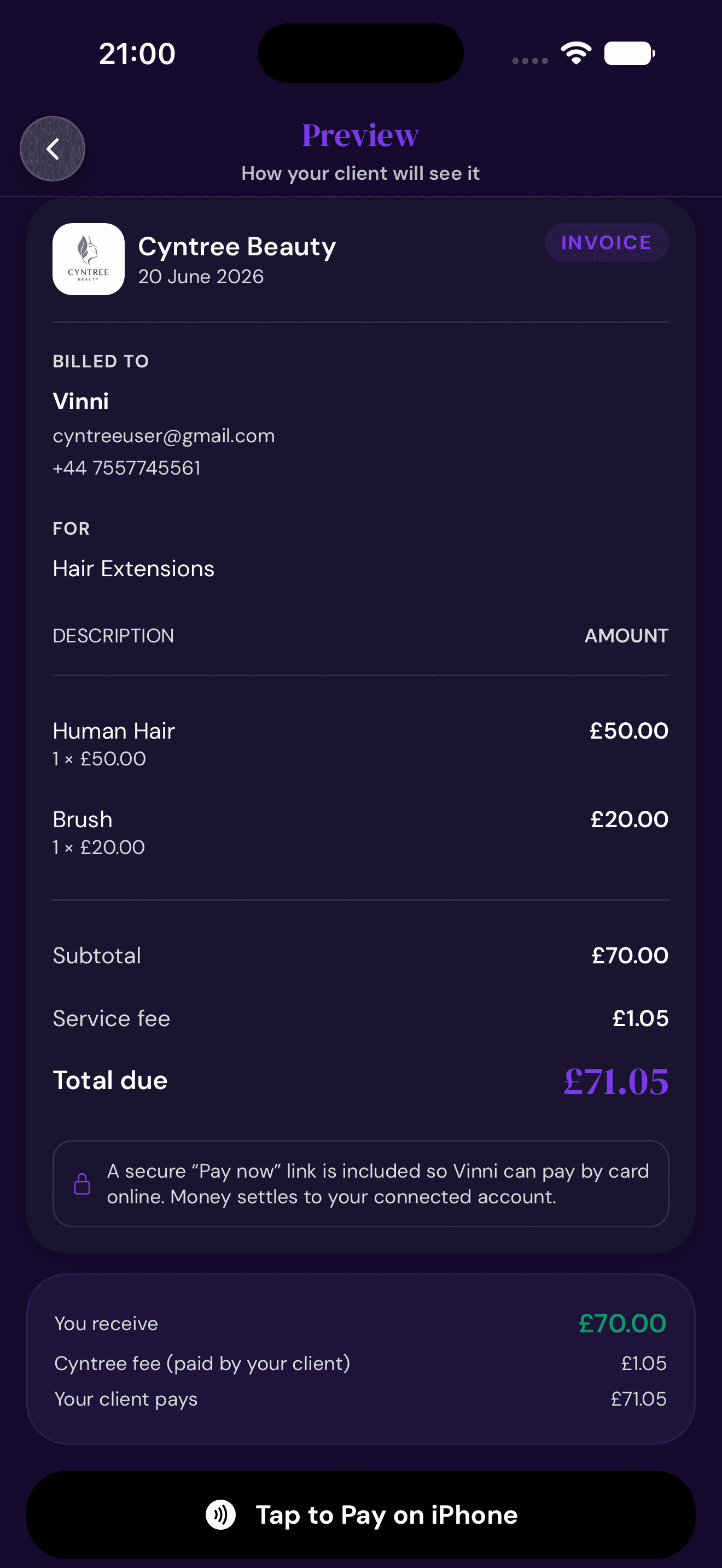 Cyntree Quick Invoice client preview for Cyntree Beauty showing the billed-to client, line items, a £71.05 total due, a secure Pay now card-link note, and a Tap to Pay on iPhone button at the bottom.