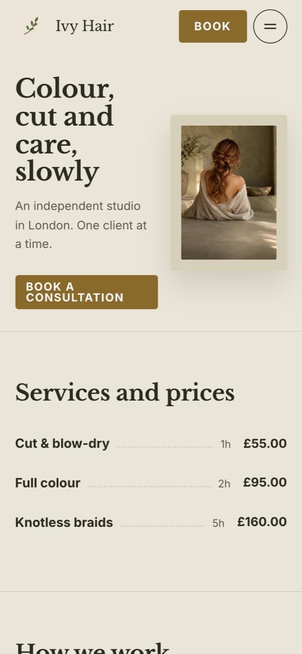 Ivy Hair, a booking site made from a template