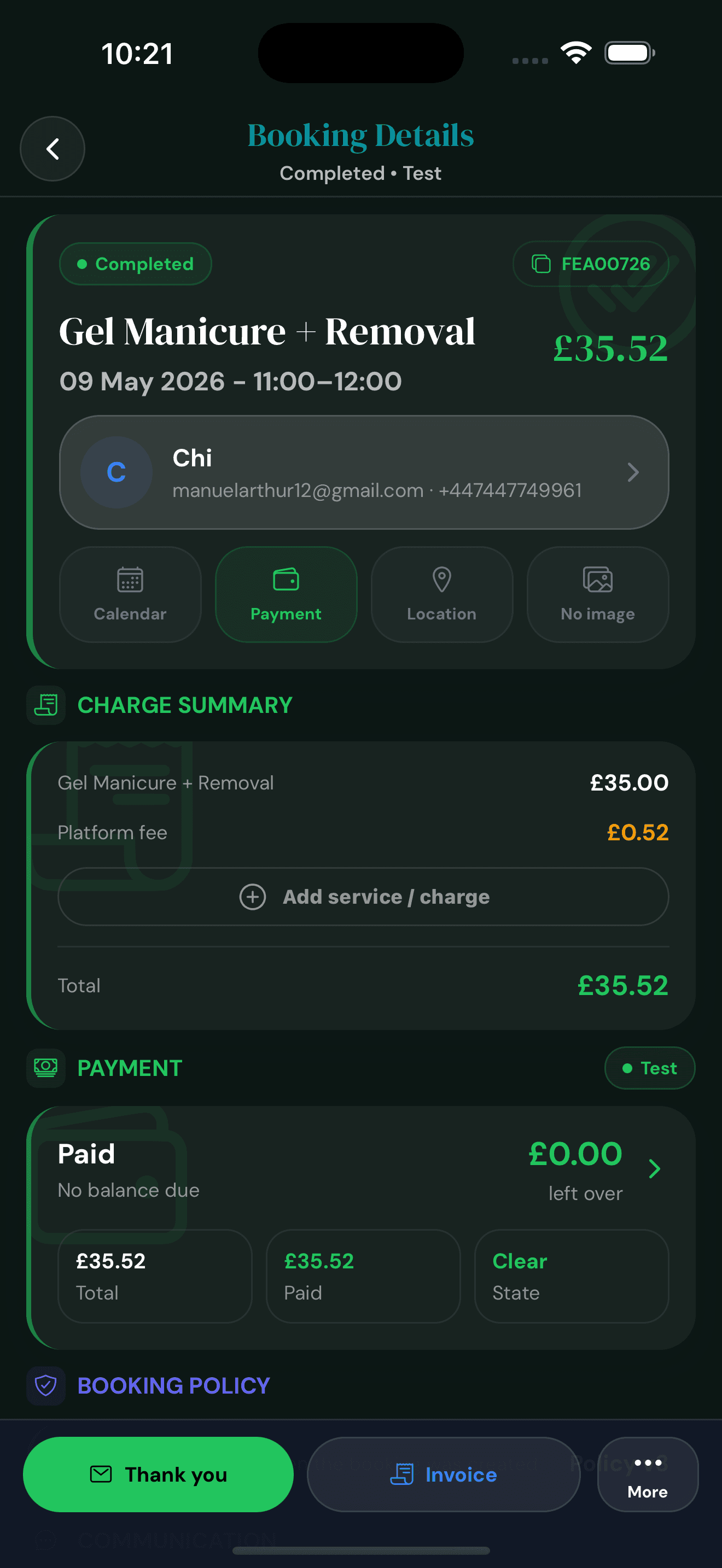 Cyntree completed Booking Details for Gel Manicure plus Removal showing the £35.52 total, a charge summary with £35 service and £0.52 platform fee, payment cleared with £0 left over, and the booking policy section