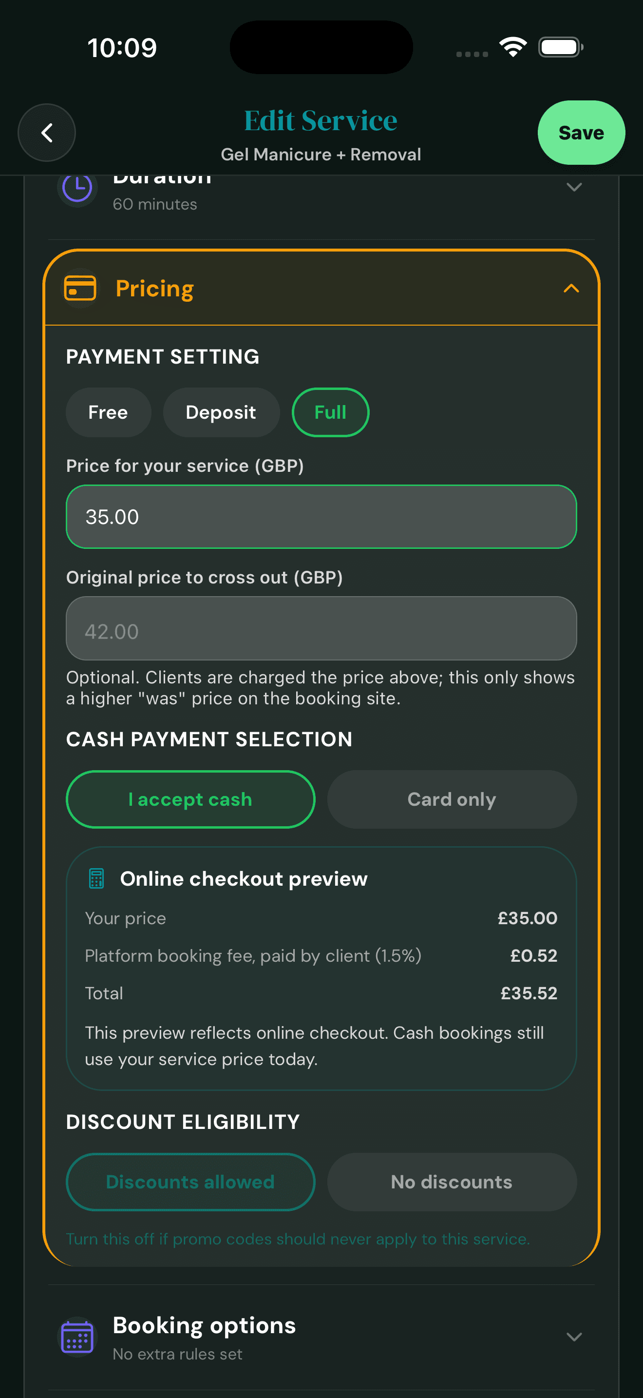Cyntree Edit Service pricing panel for Gel Manicure showing a £35 service price and an online checkout preview that breaks the £35 service plus the £0.52 platform fee into a £35.52 total