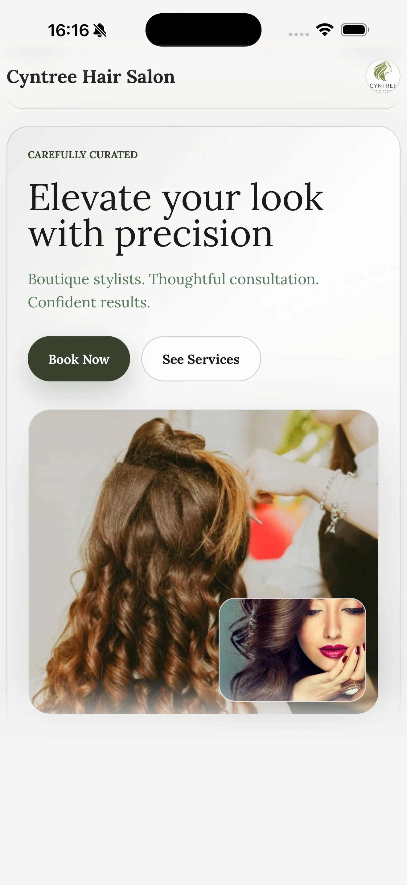 AI-generated Cyntree booking website with a precision salon layout.