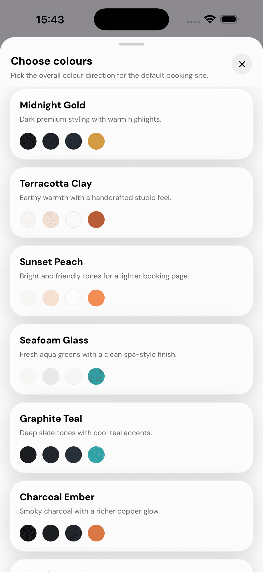 Cyntree Choose colours sheet showing Midnight Gold, Terracotta Clay, Sunset Peach, Seafoam Glass, Graphite Teal, and Charcoal Ember palettes.